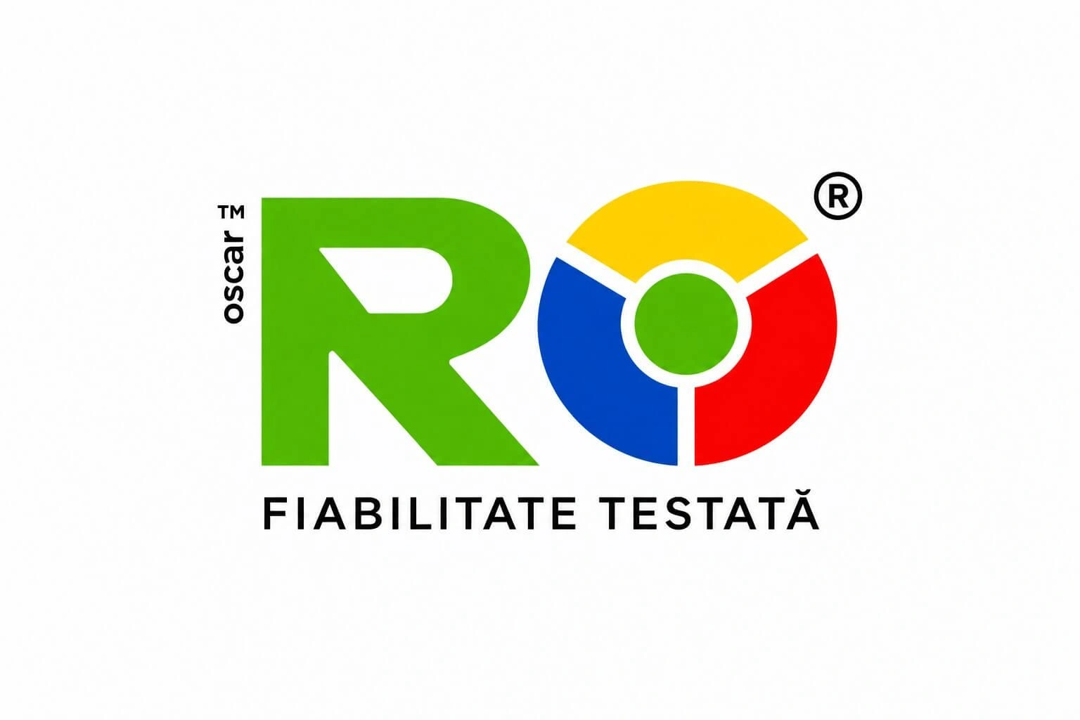 Planșă de final, logo concept propus de UNRIVALS: marca RO concept OSCAR, litera R verde și litera O în trei sectoare galben, albastru și roșu cu centru verde, iar dedesubt atributul FIABILITATE TESTATĂ.
