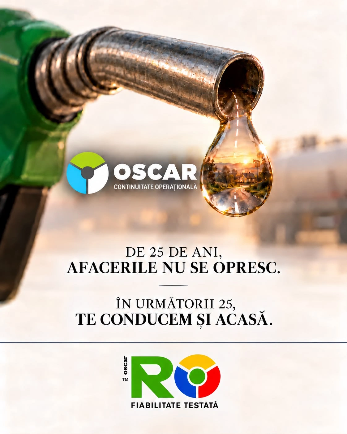 Planșă de final: afiș cu o duză de pompă de carburant și o picătură în care se vede un drum spre o casă la apus, cu marca OSCAR Continuitate operațională și textul „De 25 de ani, afacerile nu se opresc. În următorii 25, te conducem și acasă.”, iar jos marca RO Fiabilitate testată.