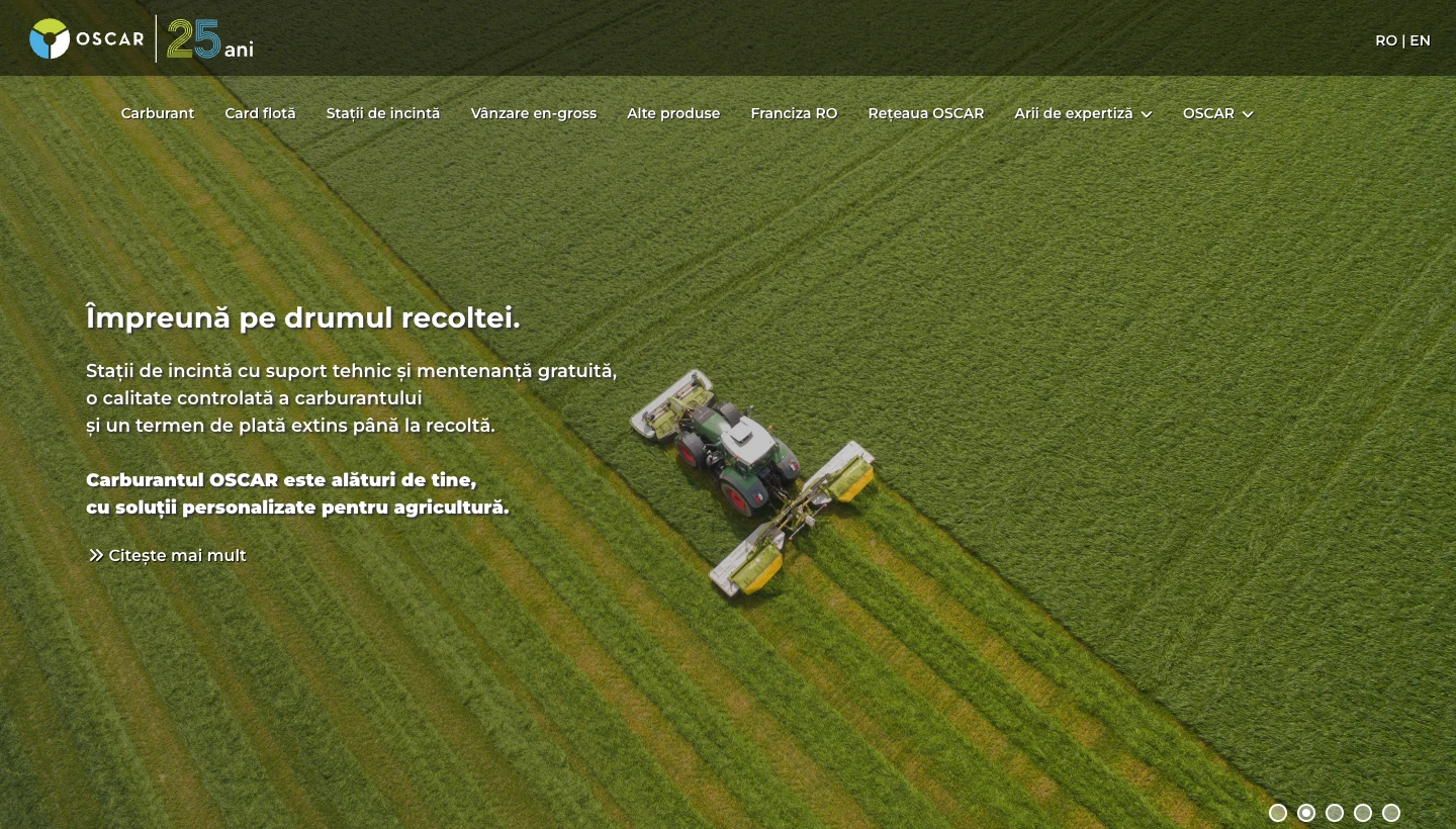 Captură oscars.ro: un tractor cosește un lan verde, iar textul spune Împreună pe drumul recoltei, cu stații de incintă cu suport tehnic și mentenanță gratuită, calitate controlată a carburantului și termen de plată extins până la recoltă.