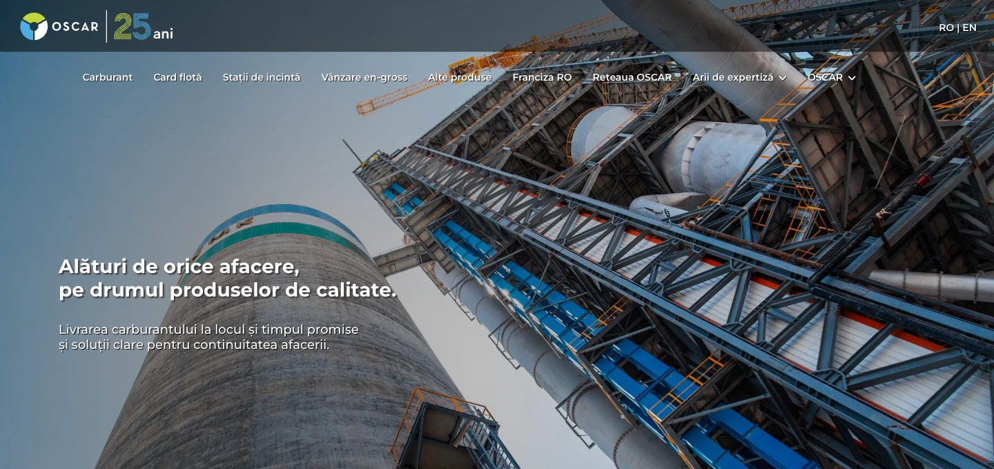 Captură oscars.ro, pagina de industrie: o structură industrială din oțel și textul Alături de orice afacere, pe drumul produselor de calitate.