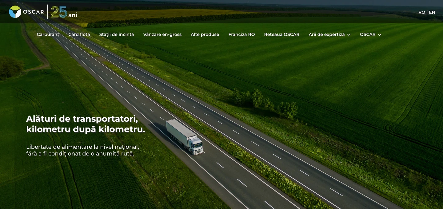 Captură oscars.ro, pagina de transport: un camion pe o autostradă printre câmpuri și textul Alături de transportatori, kilometru după kilometru.