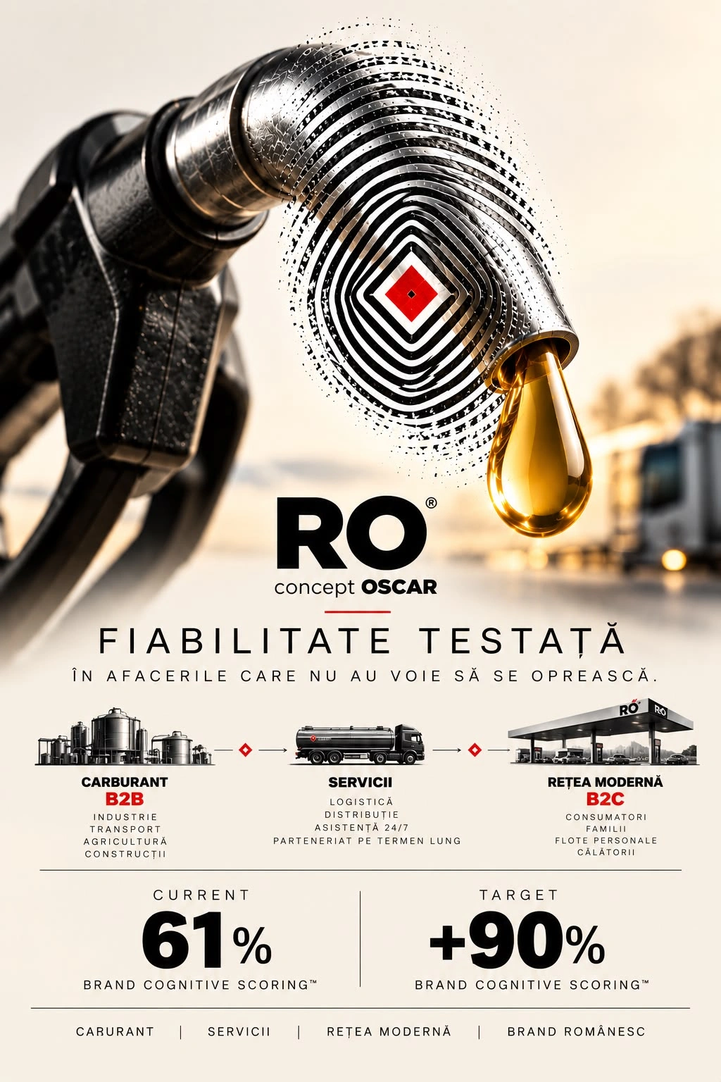 Vizualizare concept UNRIVALS: un pistol de alimentare a cărui suprafață devine o amprentă cu un romb roșu în centru, din care cade o picătură aurie, deasupra mărcii RO concept OSCAR și a atributului FIABILITATE TESTATĂ, în afacerile care nu au voie să se oprească. Sub ele, drumul carburantului de la B2B prin servicii la rețeaua B2C și scorul current 61%, target +90%.