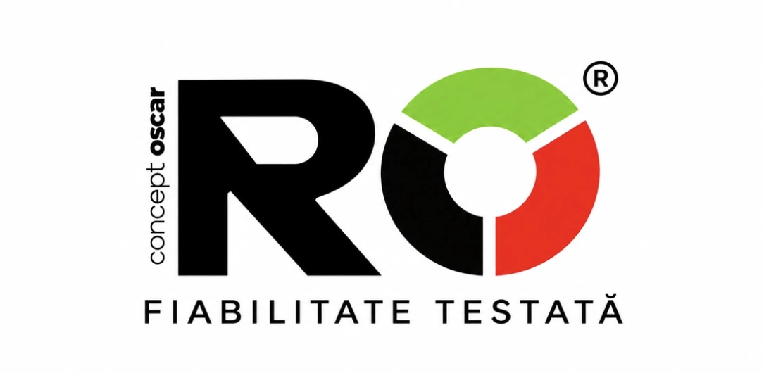Planșă de final, vizualizare concept UNRIVALS: marca RO concept OSCAR, cu cercul în trei sectoare verde, roșu și negru în litera O, iar dedesubt atributul FIABILITATE TESTATĂ.