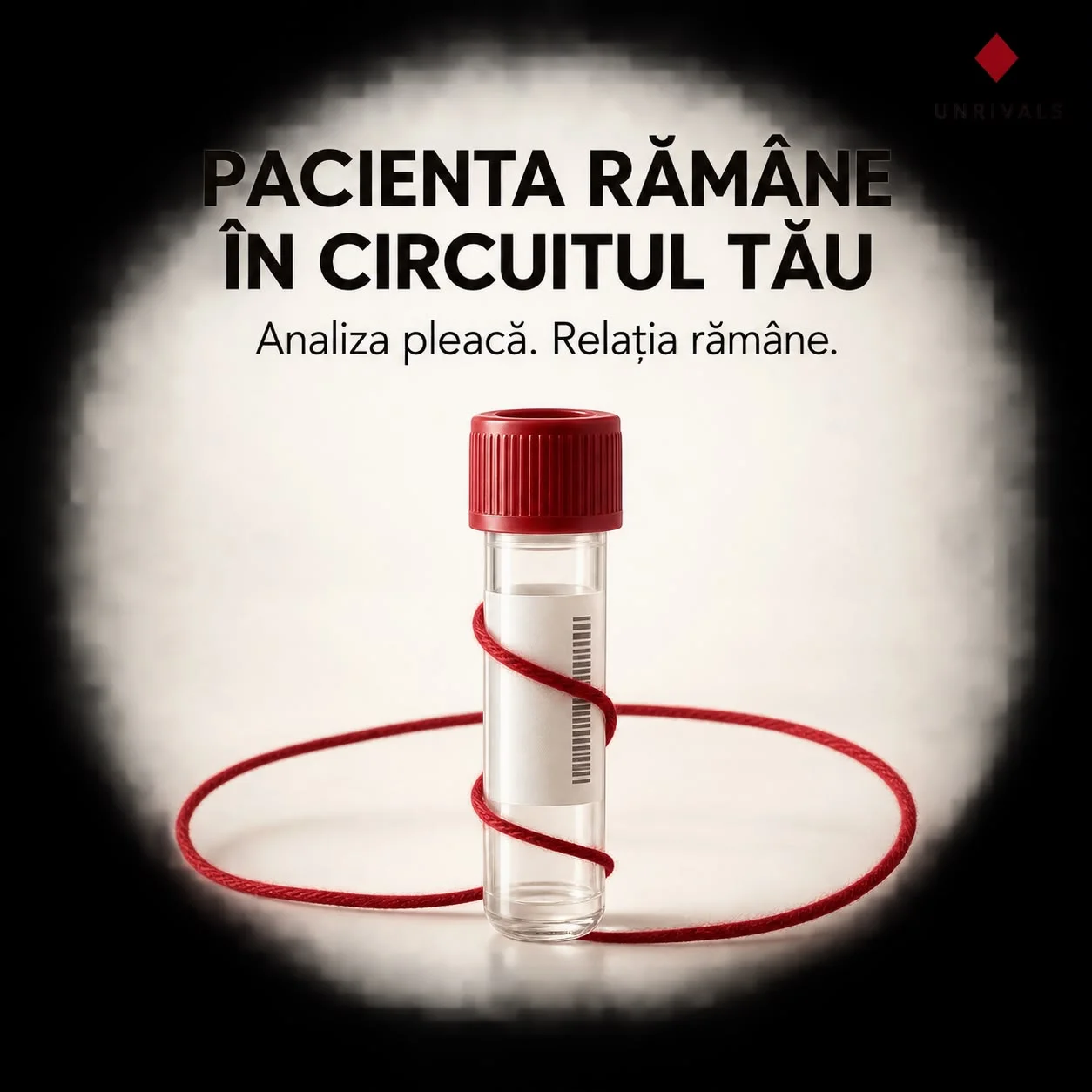 Planșă UNRIVALS pe fundal negru, cu o eprubetă cu capac roșu înconjurată de un fir roșu care descrie un cerc. Textul spune că pacienta rămâne în circuitul medicului, fiindcă analiza pleacă, iar relația rămâne.