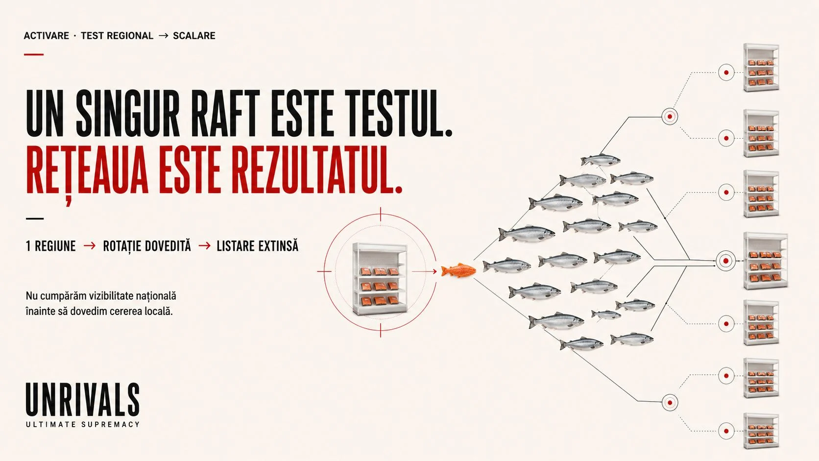 Un raft încercuit produce un somon portocaliu, care se multiplică într-un banc și se ramifică spre alte rafturi. Lanțul: o regiune, rotație dovedită, listare extinsă.
