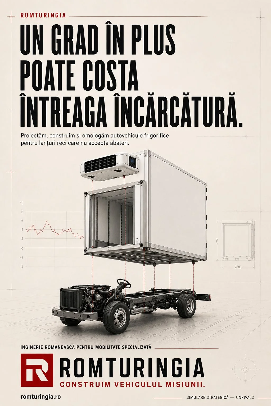 Reclamă-concept Romturingia: „Un grad în plus poate costa întreaga încărcătură” — unitate frigorifică suspendată deasupra șasiului, cu grafic de temperatură.