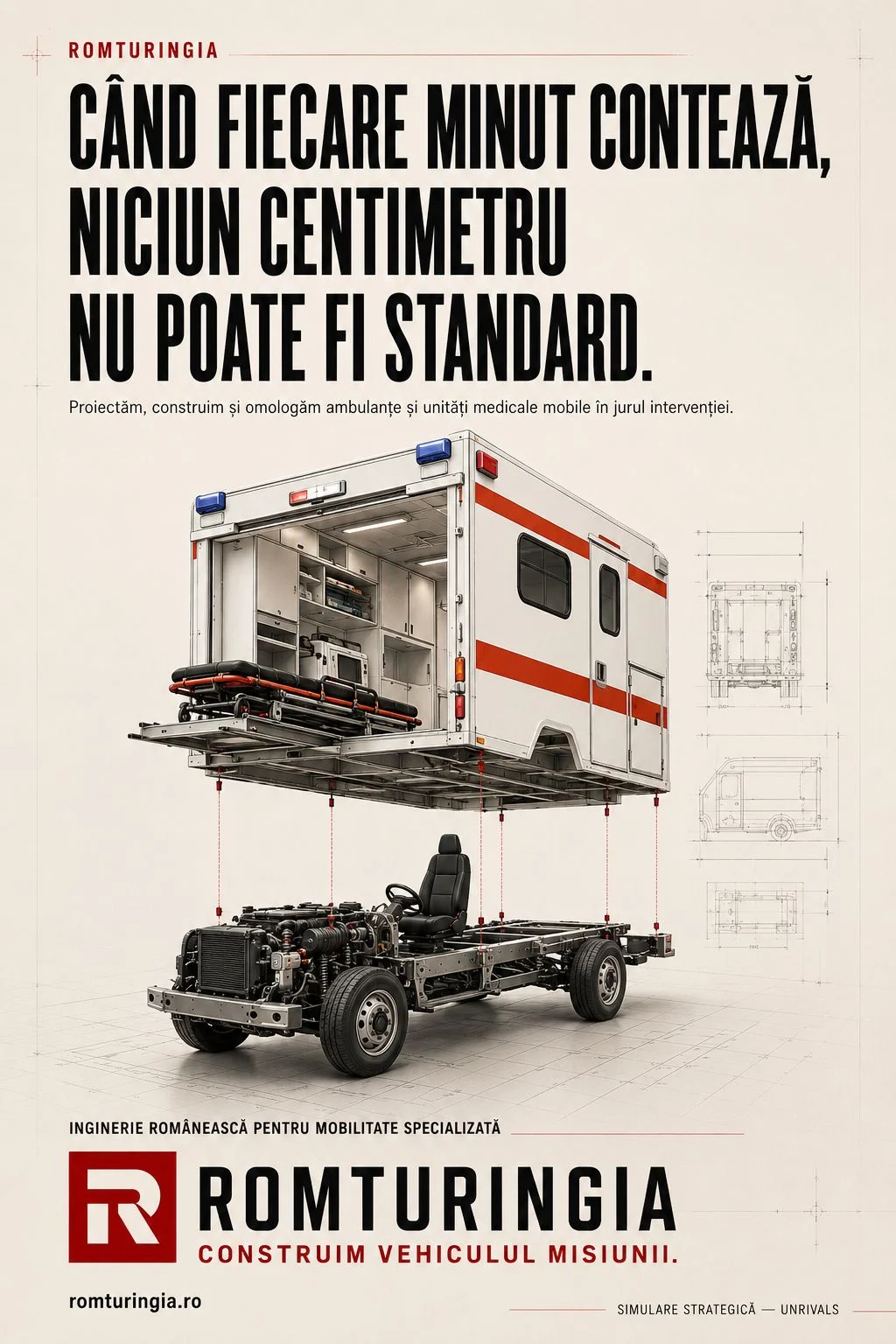 Reclamă-concept Romturingia: „Când fiecare minut contează, niciun centimetru nu poate fi standard” — celulă de ambulanță suspendată deasupra șasiului.