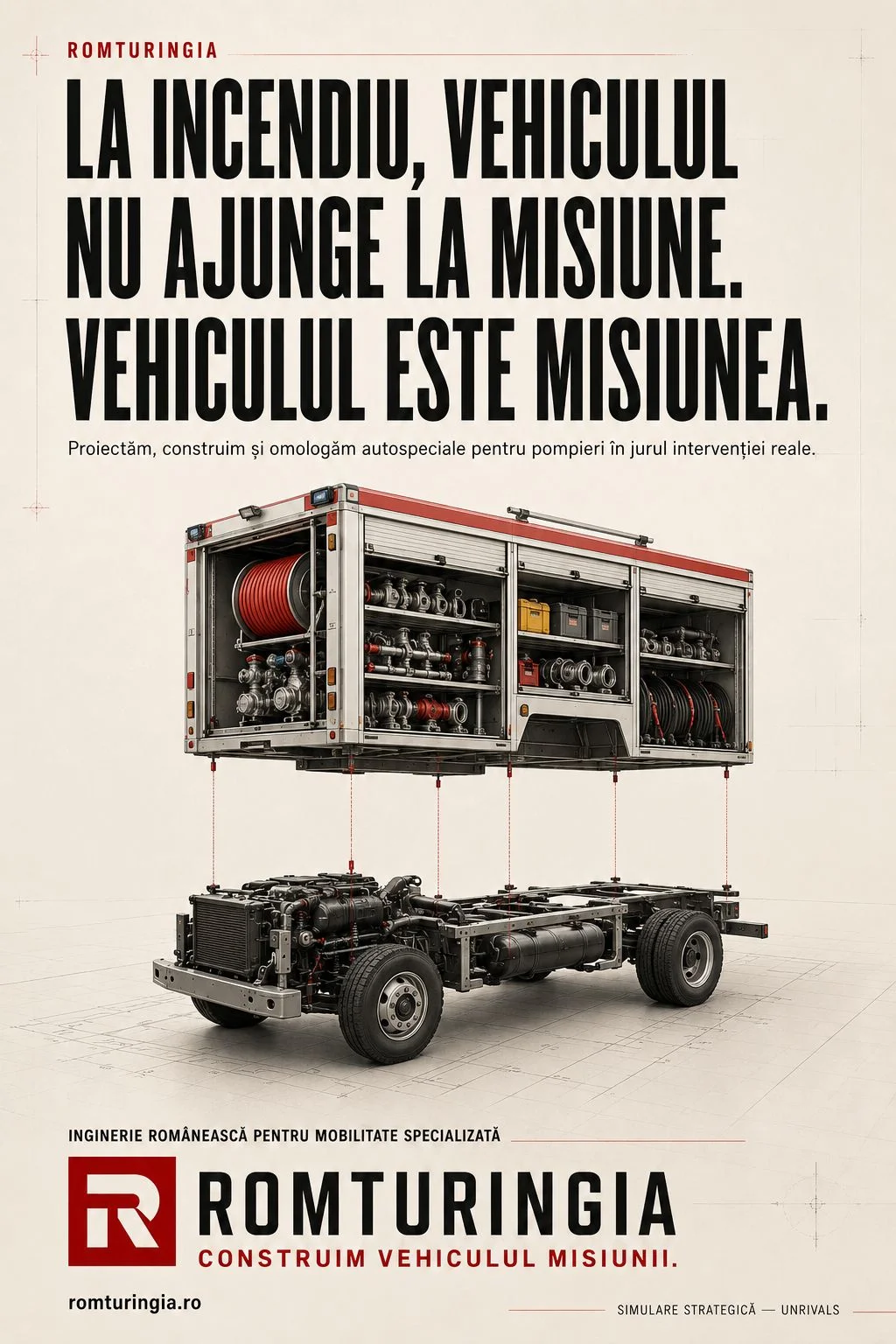 Reclamă-concept Romturingia: „La incendiu, vehiculul nu ajunge la misiune. Vehiculul este misiunea” — modul de autospecială pompieri suspendat deasupra șasiului.