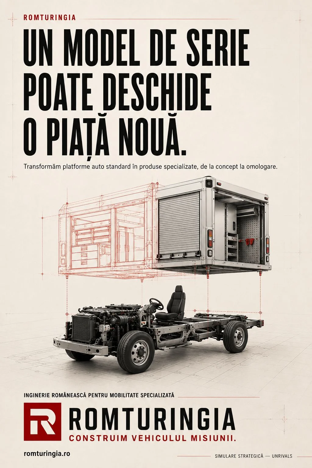 Reclamă-concept Romturingia: „Un model de serie poate deschide o piață nouă” — cutie utilitară suspendată deasupra șasiului, cu schiță tehnică suprapusă.