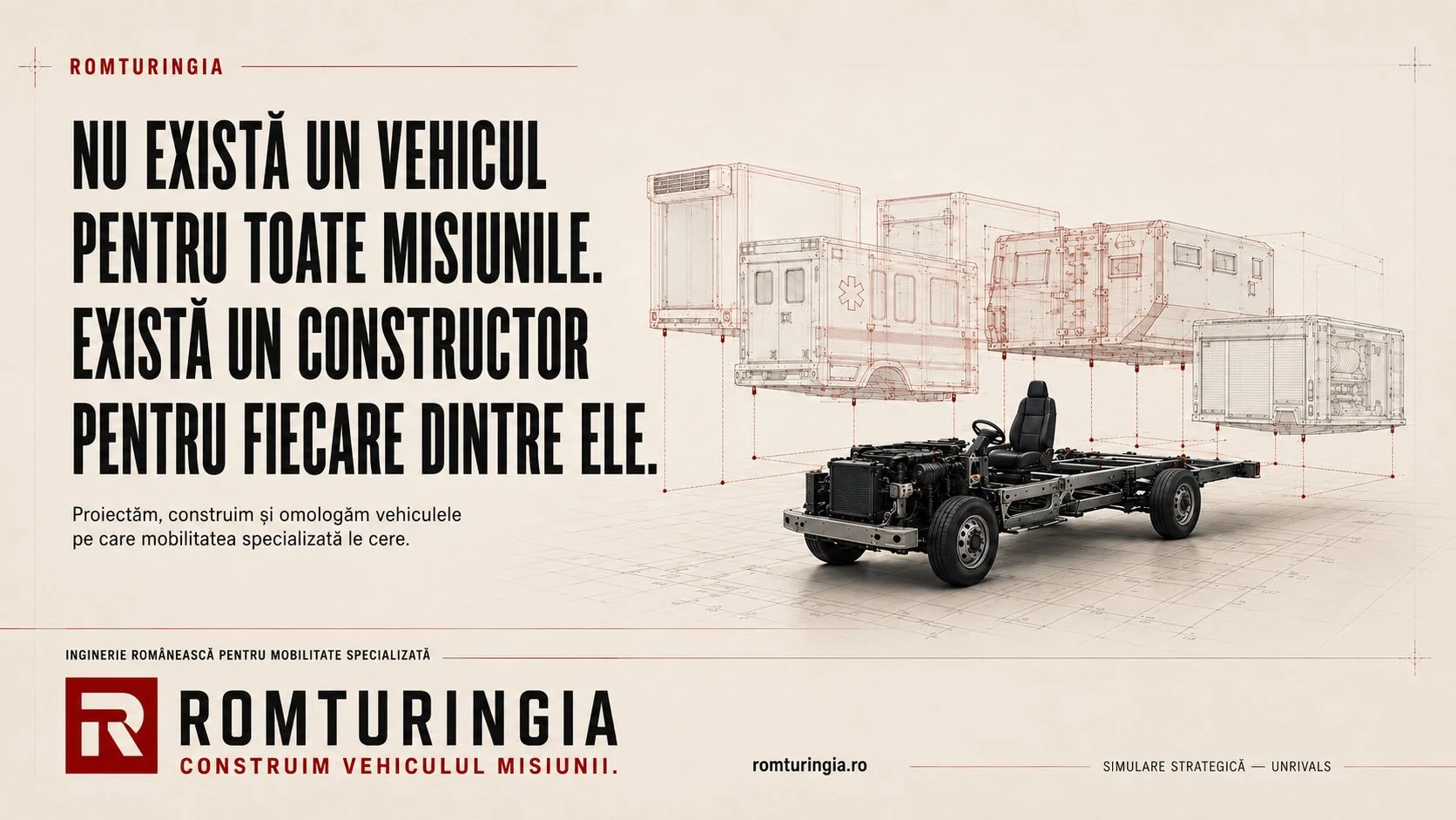 Vizual concept: patru module — ambulanță, celulă blindată, unitate frigorifică, autospecială de pompieri — suspendate deasupra unui șasiu comun de vehicul industrial.