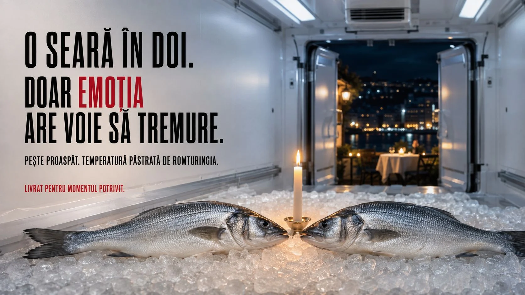 Reclamă-concept Romturingia: „O seară în doi. Doar emoția are voie să tremure” — doi pești pe gheață în interiorul unui vehicul frigorific, cu ușile deschise spre o terasă de seară. Pește proaspăt, temperatură păstrată de Romturingia.