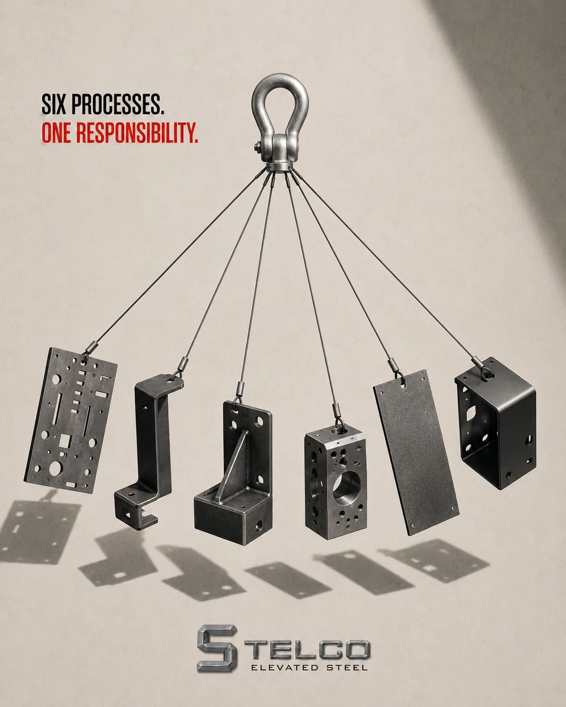 Brand plate: six machined and folded steel parts hang from one lifting shackle on six separate cables, under the line SIX PROCESSES. ONE RESPONSIBILITY. and above the STELCO ELEVATED STEEL lockup.