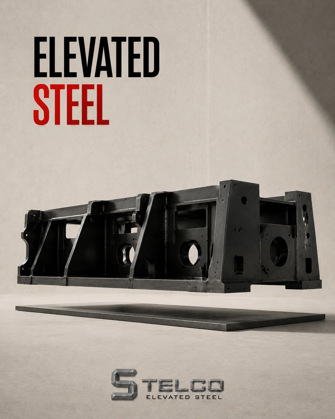 Brand plate: a six metre welded machine frame floats above the flat steel plate it was cut from, under the words ELEVATED STEEL and above the STELCO ELEVATED STEEL lockup.