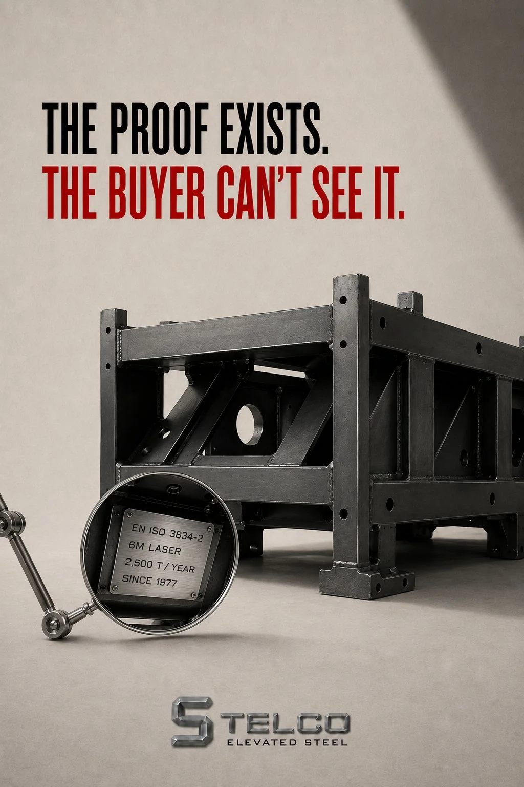 Brand plate: a magnifying glass held against a welded steel frame reveals a small stamped plate reading EN ISO 3834-2, 6M LASER, 2,500 T / YEAR, SINCE 1977, under the line THE PROOF EXISTS. THE BUYER CAN'T SEE IT.