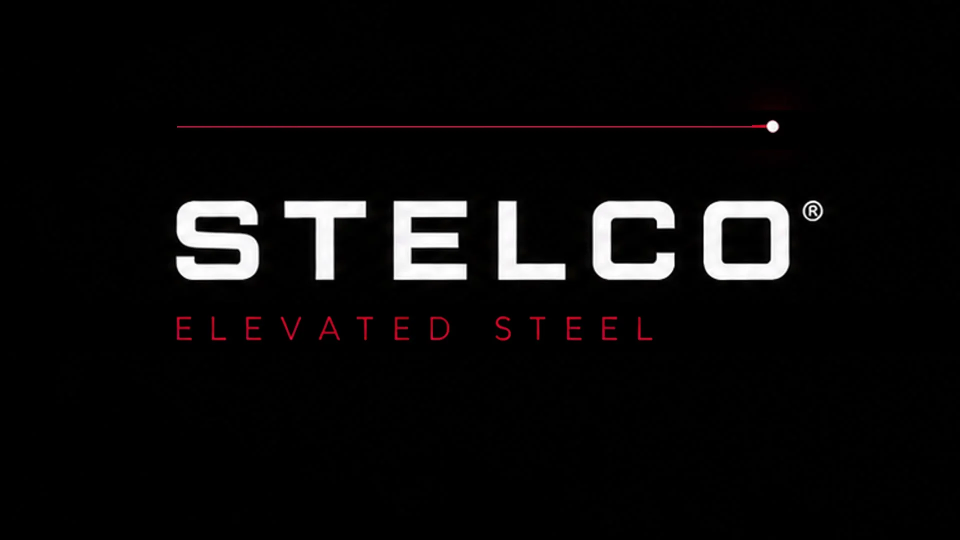 Closing brand plate: on a black field the STELCO wordmark stands in white capitals with the registered trademark sign, under a red laser line that runs the width of the plate and ends in a single white point, above the red sub-line ELEVATED STEEL.