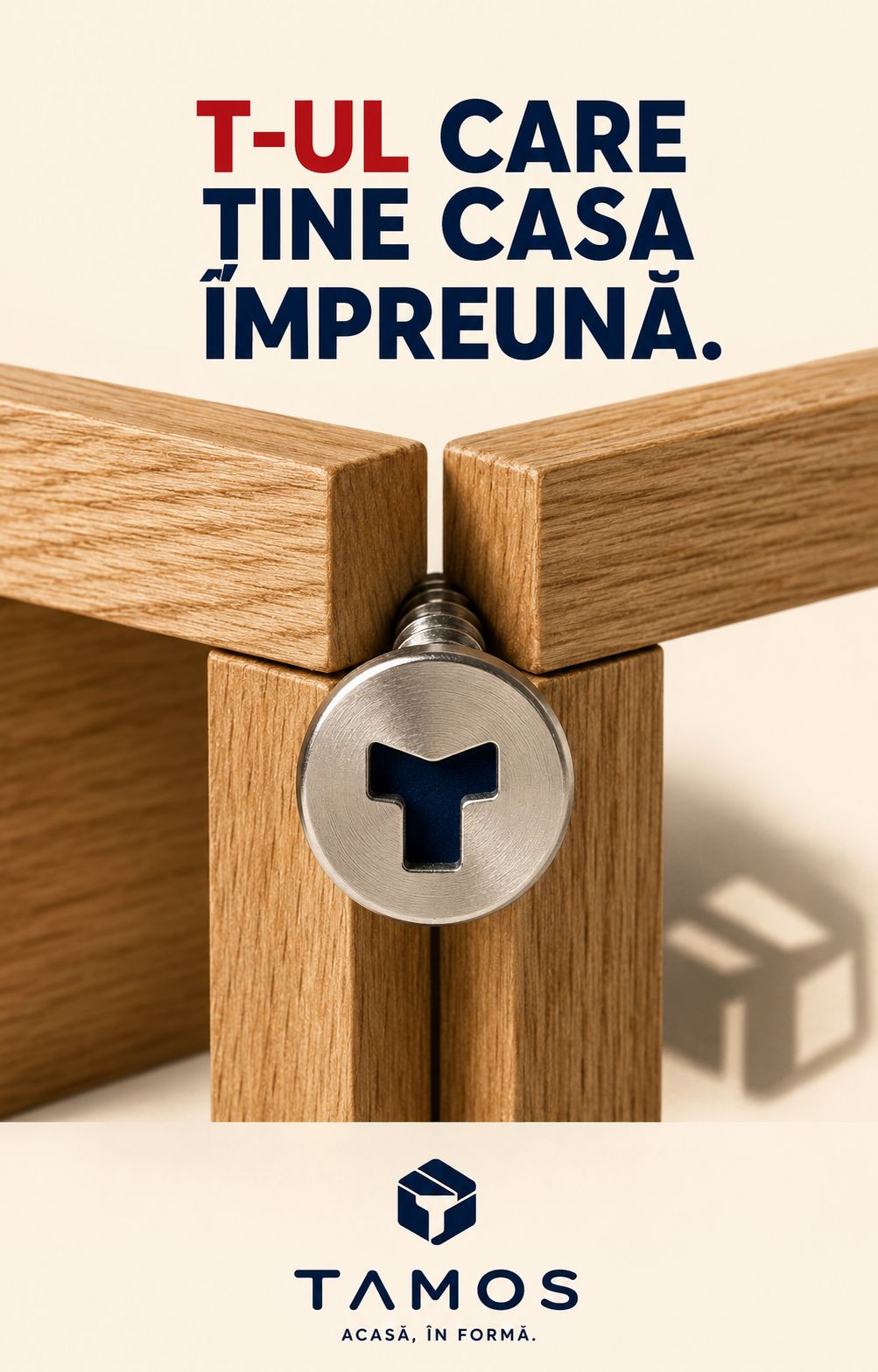 Simbolul T transformat în capul unui șurub T, care ține două grinzi de lemn