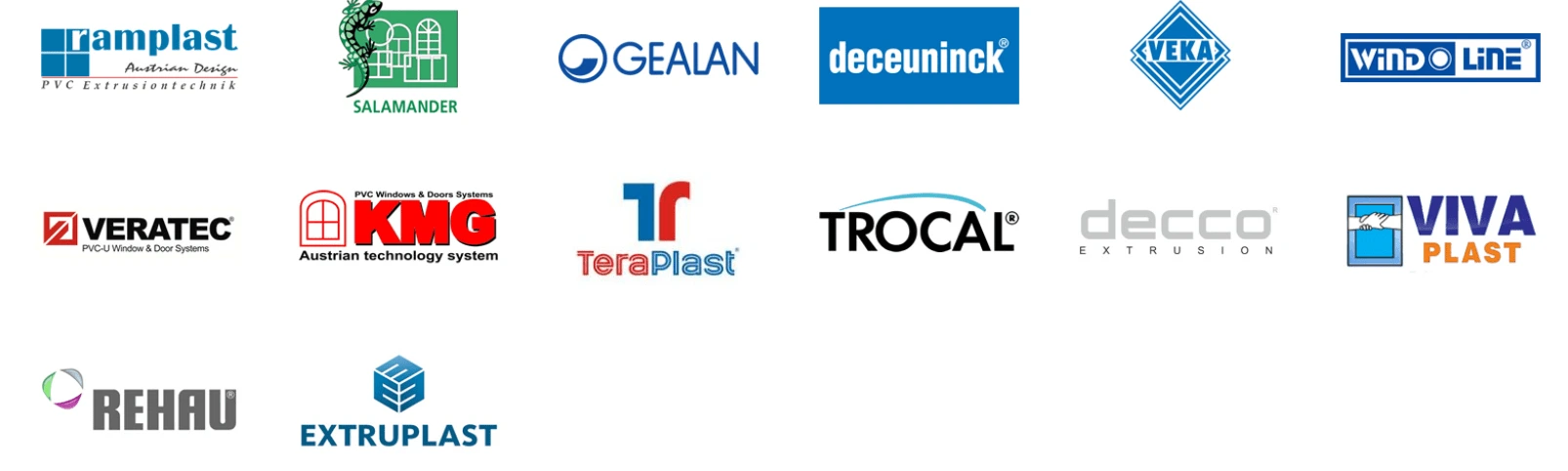 Imaginea de pe tihi.ro cu siglele a 14 case de sisteme PVC: Ramplast, Salamander, Gealan, Deceuninck, Veka, Wind Line, Veratec, KMG, TeraPlast, Trocal, Decco, Viva Plast, REHAU și Extruplast. Este o imagine, fără text alăturat.