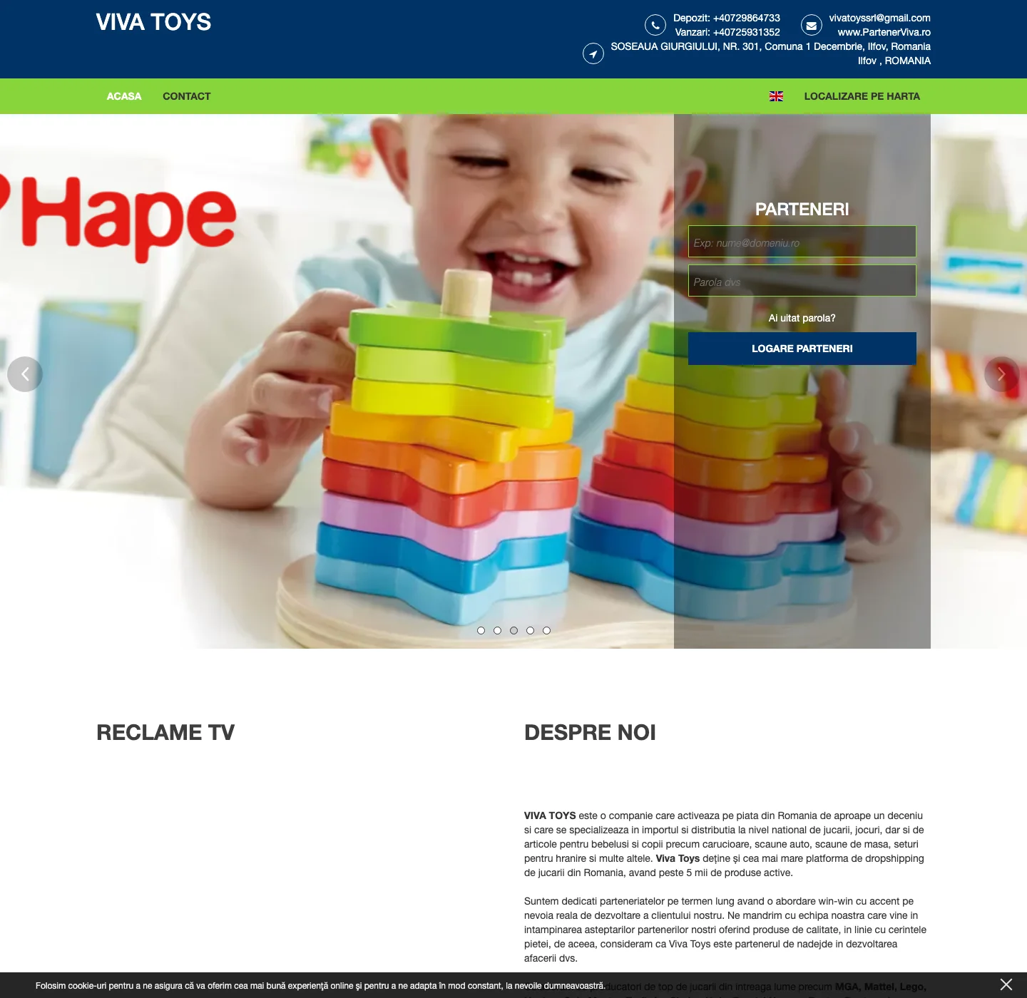Captură a primei pagini partenerviva.ro, 9 octombrie 2026: antet bleumarin cu textul VIVA TOYS și datele de contact, bara verde de meniu, un banner Hape cu un copil care se joacă, formularul de logare pentru parteneri, apoi titlul RECLAME TV fără nimic sub el și paragraful Despre noi.